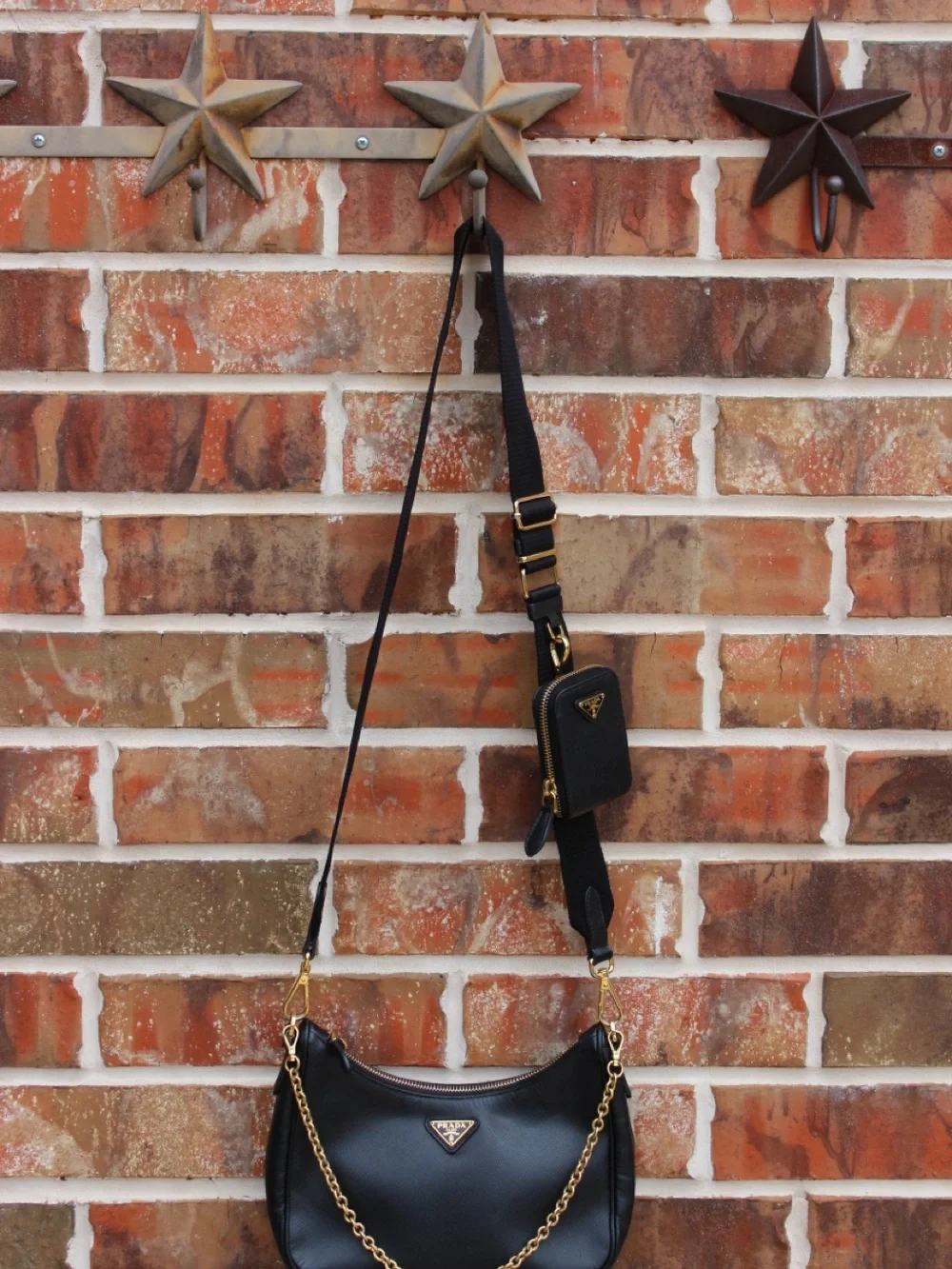 Prada Black Saffiano Leather Shoulder Bag with Gold Chain